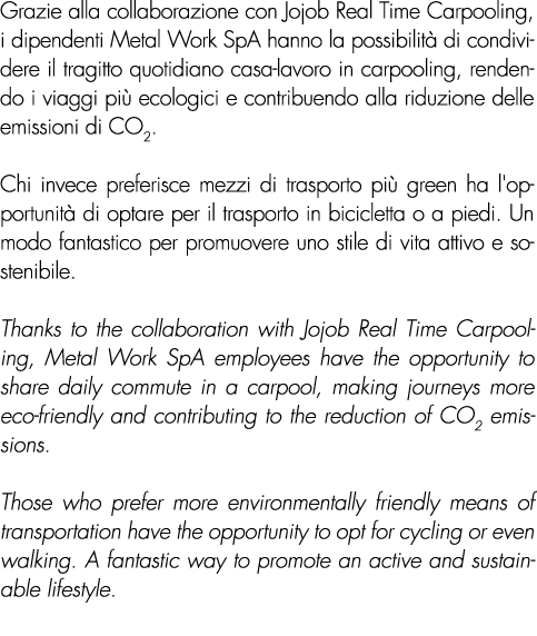 Grazie alla collaborazione con Jojob Real Time Carpooling, i dipendenti Metal Work SpA hanno la possibilit di condiv...